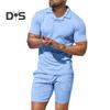 2 sztuki/zestaw męski strój klapy krótki rękaw swetry bluzki elastyczny ściągacz w pasie kieszenie spodenki zestaw jednolity kolor odzież sportowa