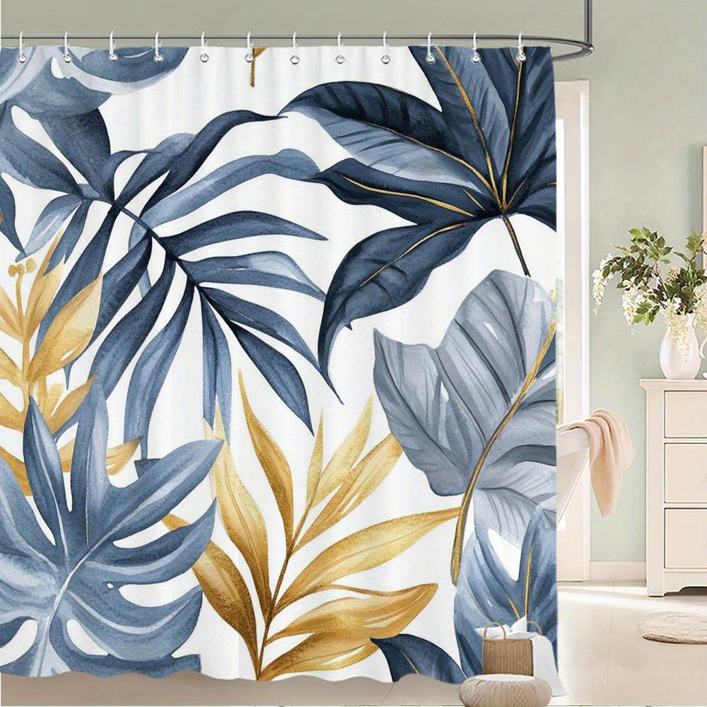 1Pc Blue Teal Gold Tropical Shower Curtain - Polyester Fabric, Machine Washable, With Hook, Suitable For Bathroom Decoration