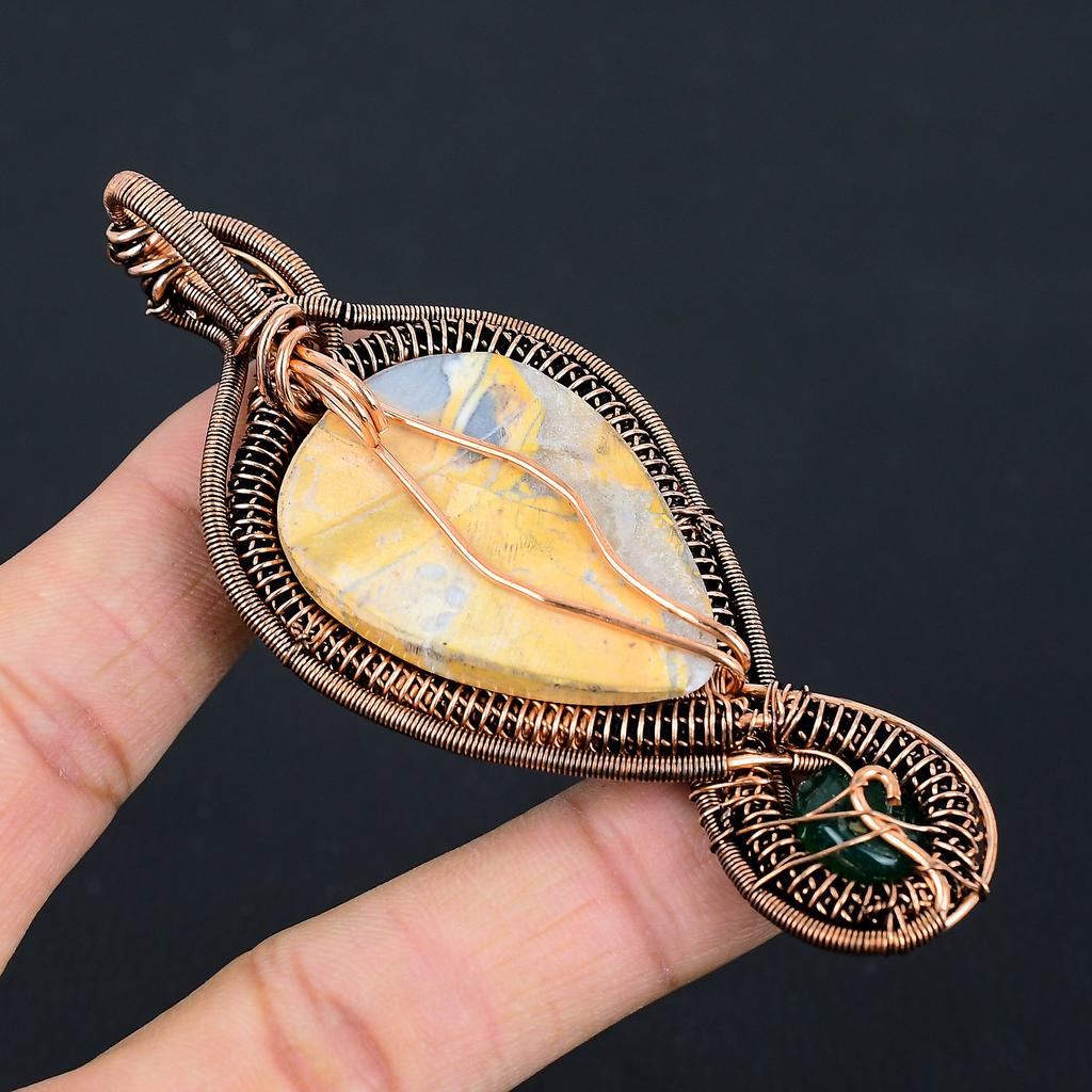 Natural Yellow Mookaite, Green Onyx Gemstone Copper Wire Wrap Pendant 3.94 P8l97