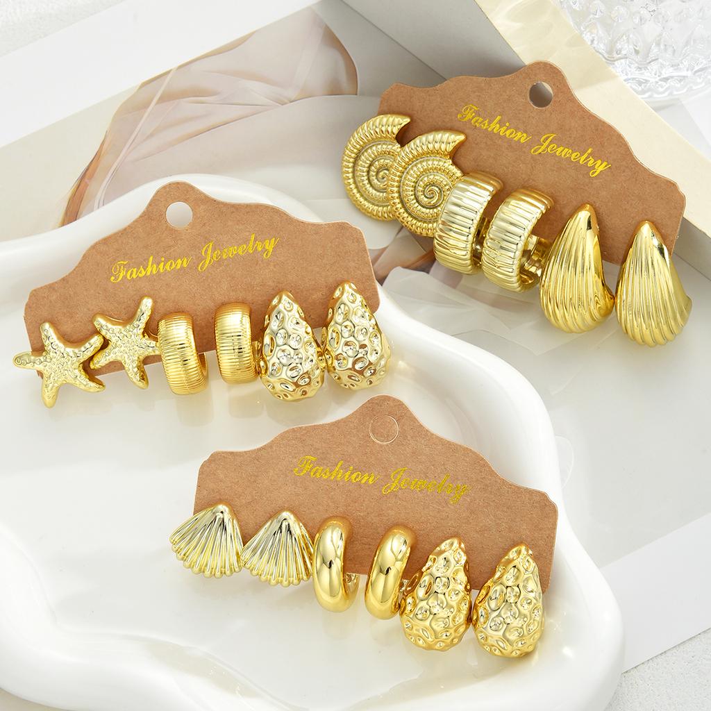 9 Pairs Gold Color Ocean Beach Earring Set For Women Starfish Shell Conch Seashell Chunky Textured Stud Earrings Summer Jewelry