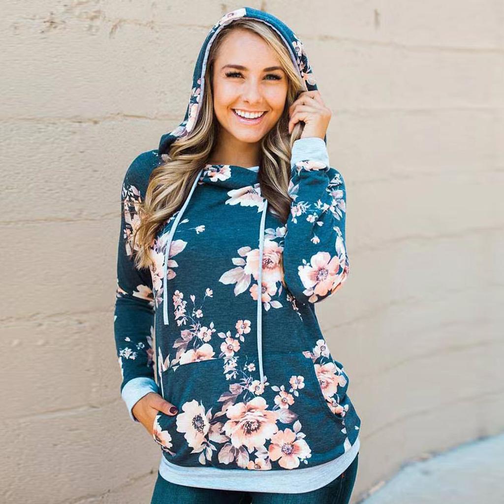 Women's Fashion Printed Hooded Long Sleeve Loose Tops Blouses Sweater