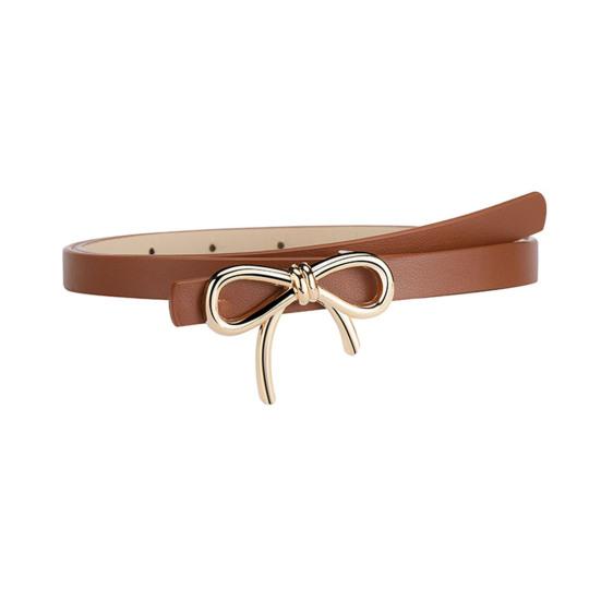 Women Belt Solid Color Metal Bowknot Decorated Imitation Leather Strap Belt Adjustable Holes Slim Waistband