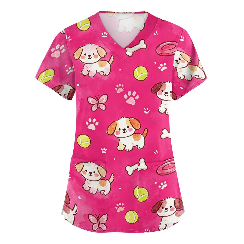 Women's V Neck Short Sleeve Work Top with Pockets Animal Print Scrub Shirt for Healthcare Professionals Medical Uniform
