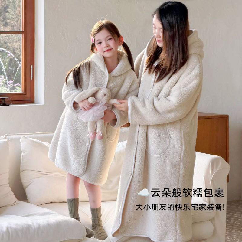 Kids Winter Warm Pajama Set Girls Boys Soft Plush Sleepwear With Hooded Robe Pants A-Class Safe Toddler Home Outfit