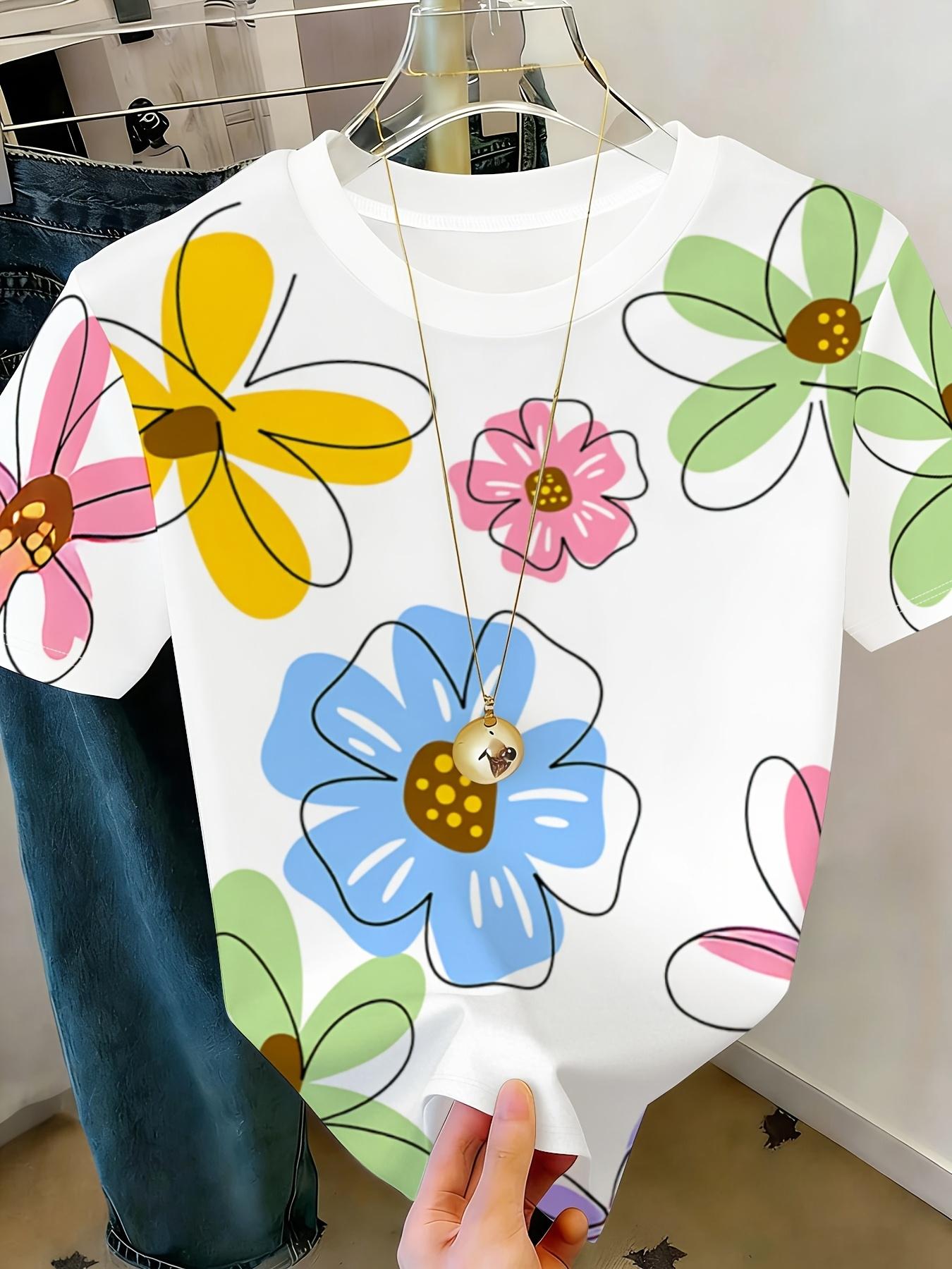 

White Colorful Large Floral Short-sleeve T-in a Pastoral Style 2XL дубильная кора