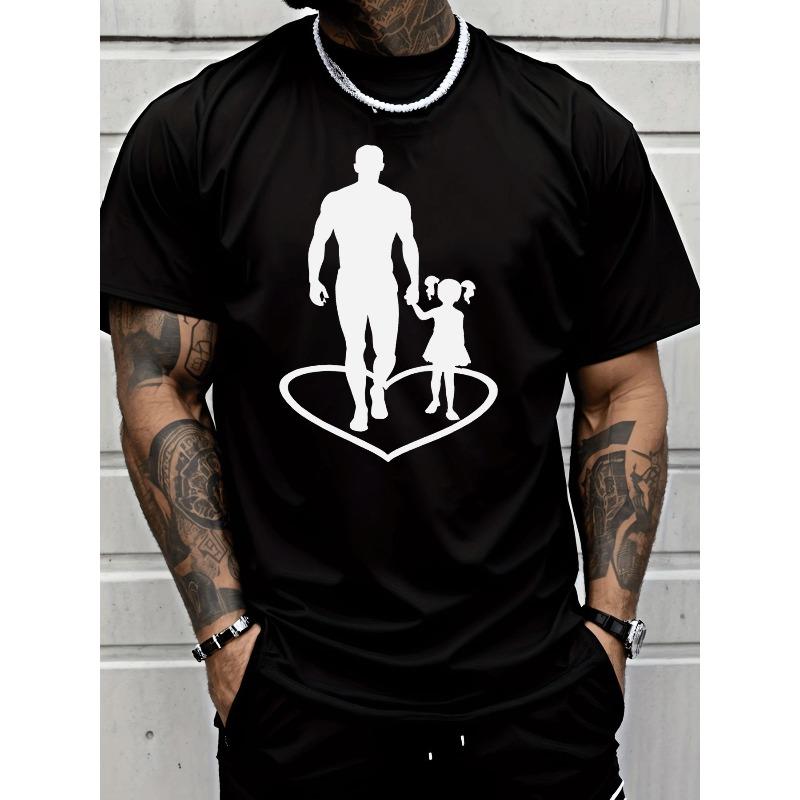 European Size Men's Casual Black T - Shirt Father Daughter Silhouette Heart Graphic Short Sleeve Tee Men's Fashion Daily Wear