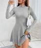 2025 Autumn/Winter Women's Slimming Ribbed Dress with Half-high Collar and Waist-cinching A-line Skirt, Long-sleeved European and American Style.
