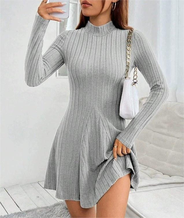 2025 Autumn/Winter Women's Slimming Ribbed Dress with Half-high Collar and Waist-cinching A-line Skirt, Long-sleeved European and American Style.