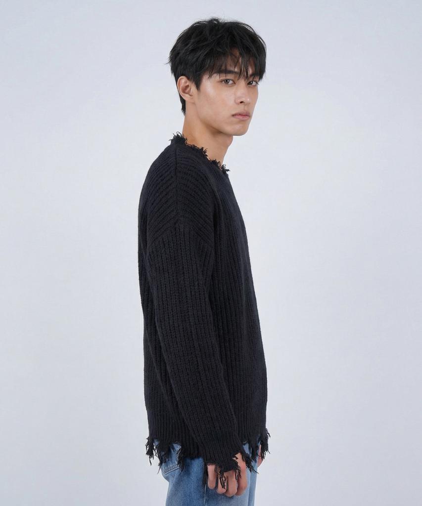 JOJILONG Jn323 Distressed Knit Sweater - Black