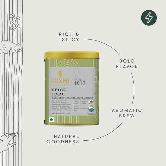 LUXMI Estates Spiced Earl Grey Tea 100Gm Tin |Loose Leaves,Earl Grey Spice Black Tea Blend|Usda Certified Organic