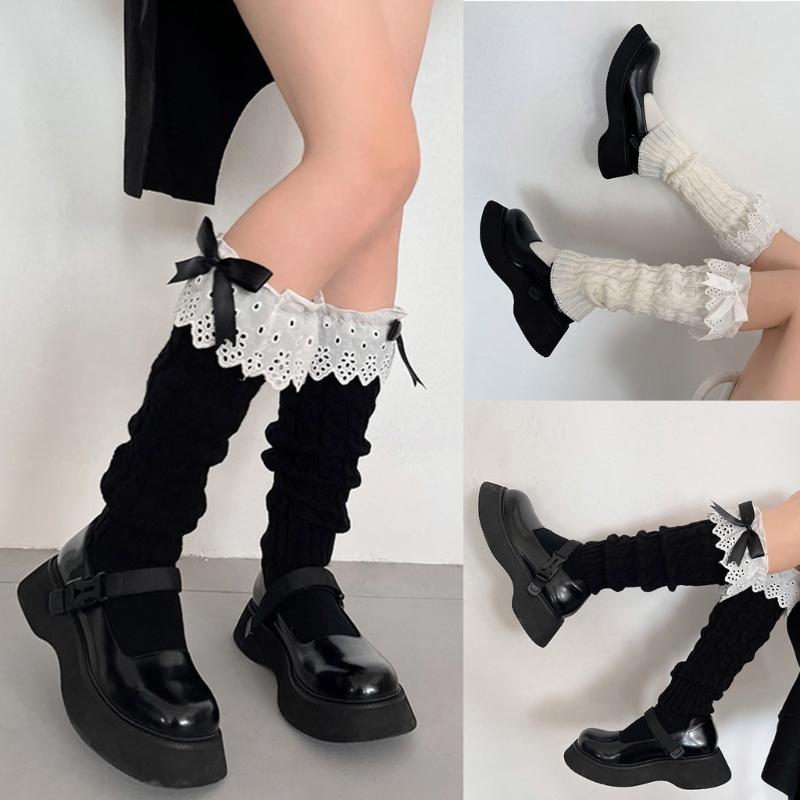 Winter Autumn Twist Cable Knitted Leg Warmers Cute Bowknot Ruffled Lace Foot Covers Middle Tube Calf Socks for Women
