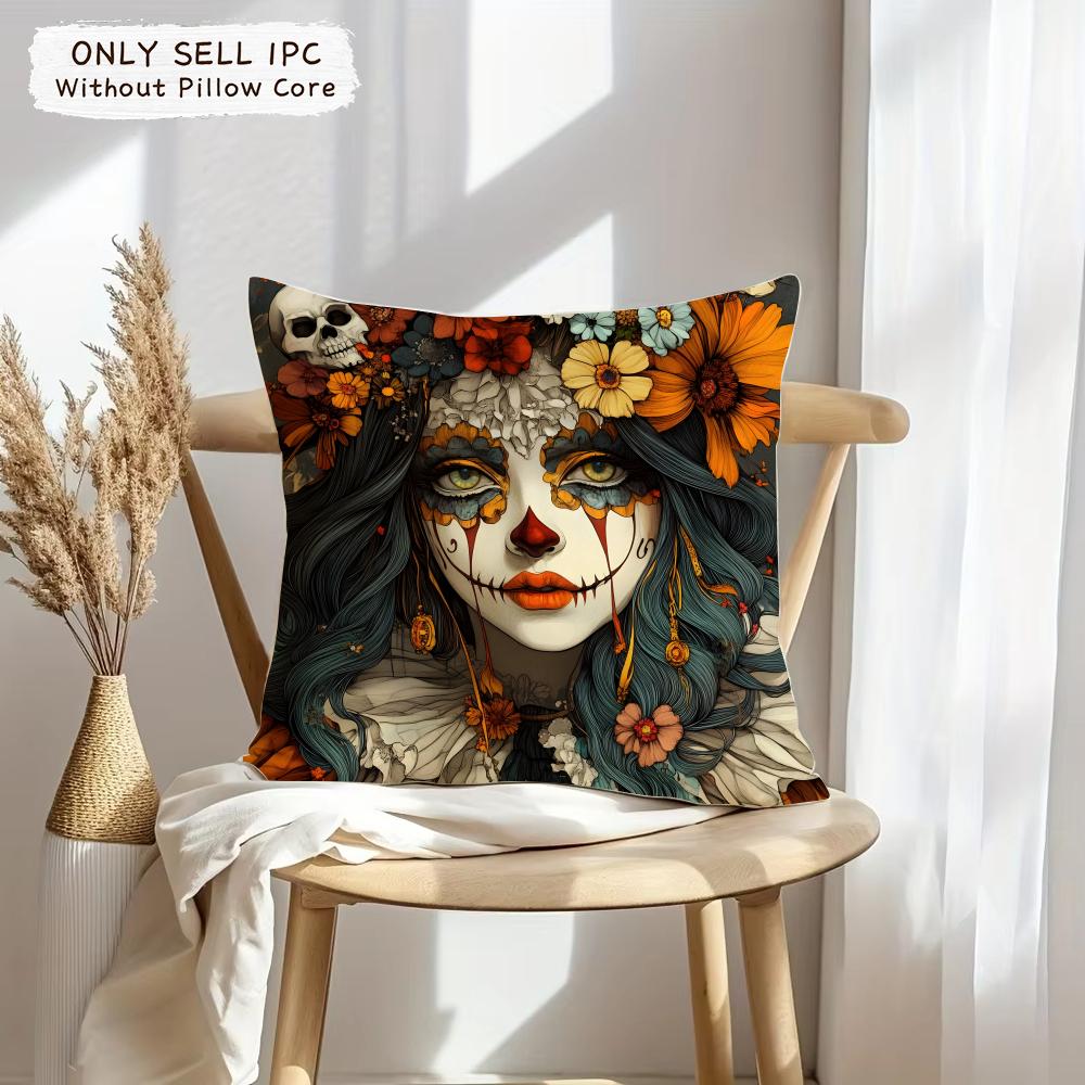 Sugar Skull Girl Cushion Cover Soft Plush Fabric Double-Sided Printed Sofa Cushion Cover For All Seasons Home Decor Gift