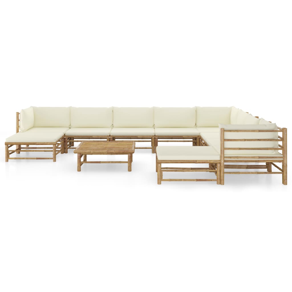 11 Piece Garden Lounge Set with Cream White Cushions Bamboo White