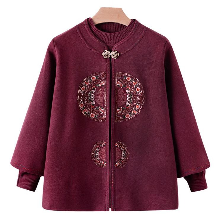 New Mother Suit Autumn Sweater Suit Elderly Fashionable Embroidered Jacket Grandma Sweater Tang Suit Two-piece Set