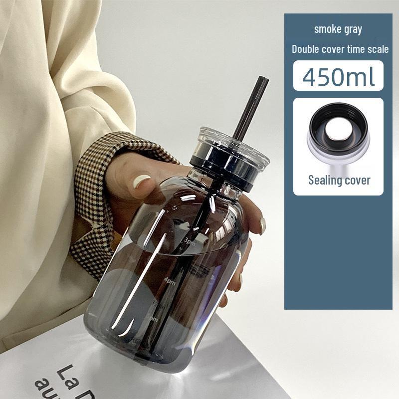 Double-Lid High Borosilicate Glass Travel Cup with Leather Sleeve