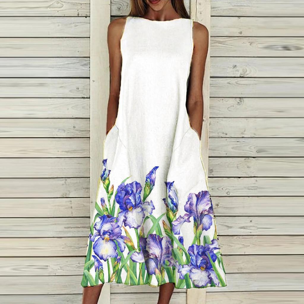 Women's Summer Round Neck Sleeveless Scenic Floral Printed Pocket Dress