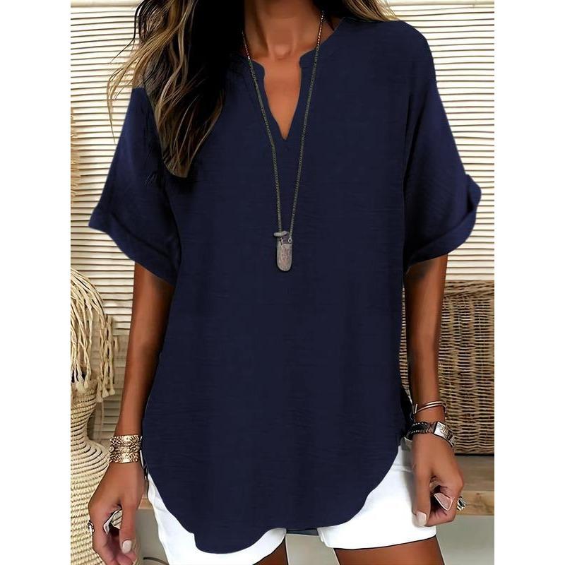 Summer Loose and Fashionable Pure Color V-neck Casual Women's T-shirts