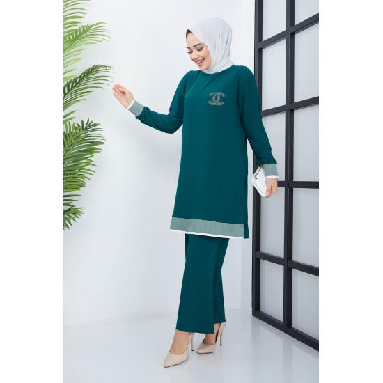 Islamska szafa damska prążkowana tunika spodnie garnitur hidżab
