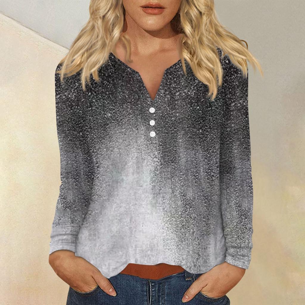 Women's Fashion Casual Printed V-neck Long Sleeve Button Up T-shirt Top