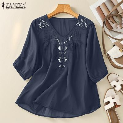 Women Casual V-Neck Half Sleeve Loose Embroidery Blouse