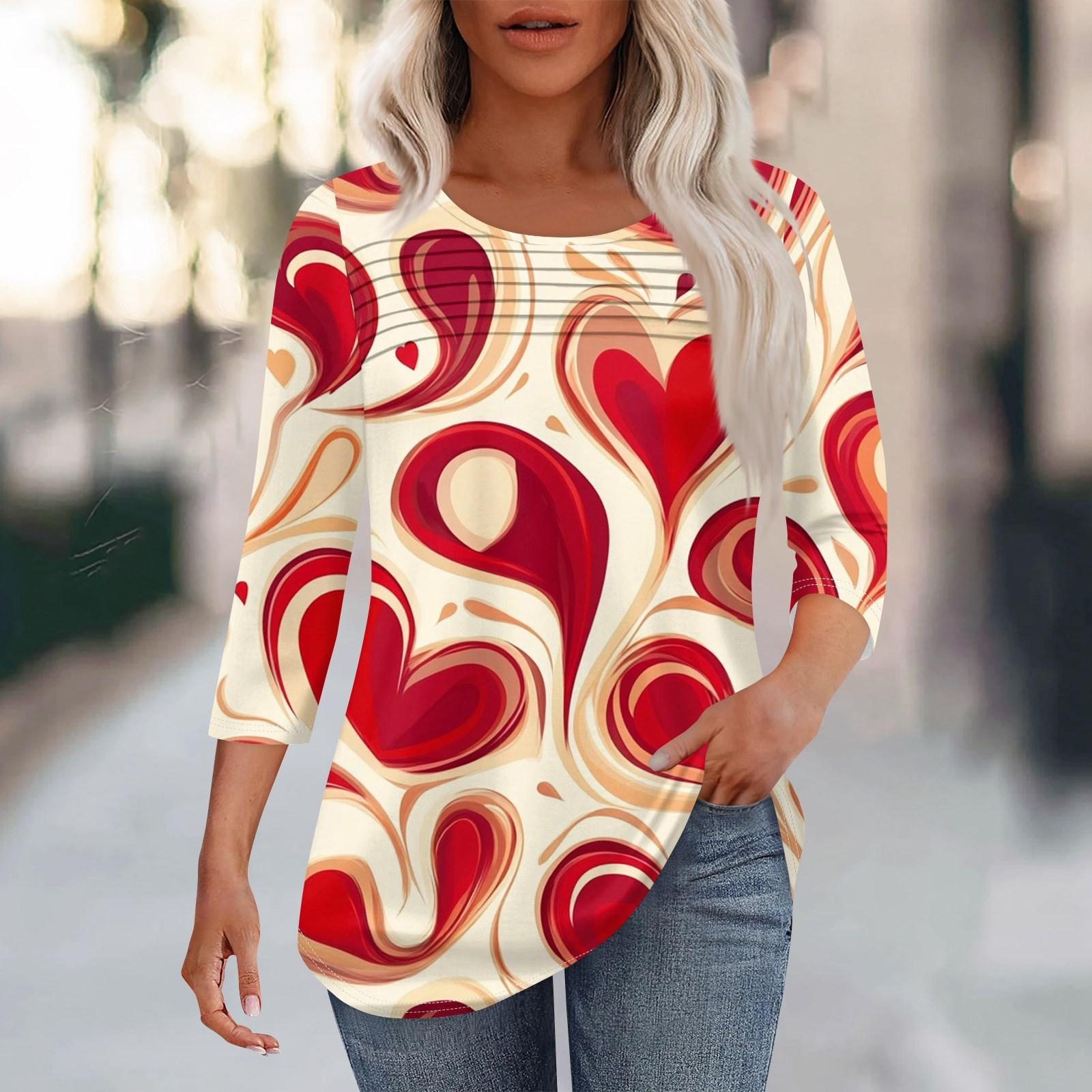 

Женская мода круглый вырез шея плиссированный спереди с принтом ко Дню святого Валентина рукав три четверти XL жёлтый