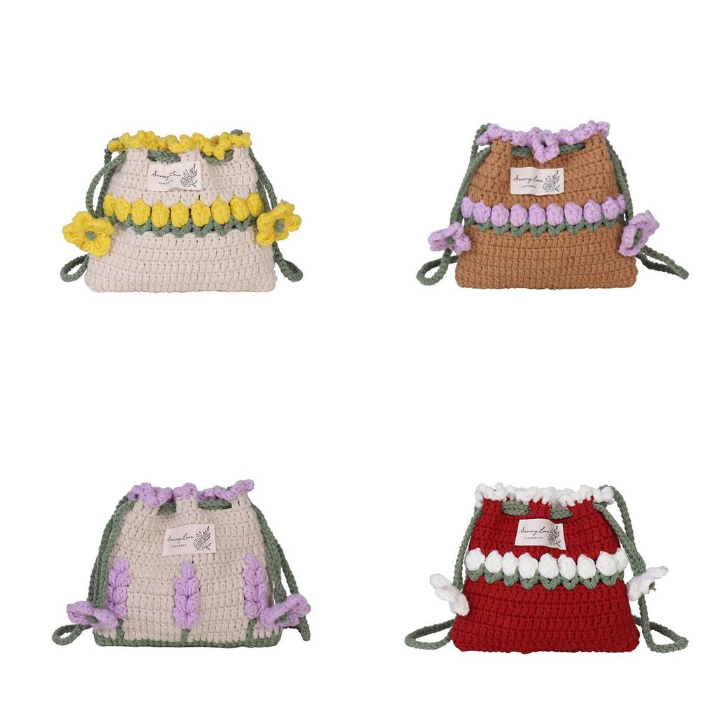 Handgefertigte Wollstrickblume Kordelzugtasche Mini Umhängetasche für den täglichen Gebrauch