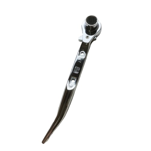 Warabi Ueda Ratchet Wrench, Double-Ended, with Drill, 17 x 21mm, Short Curved, Fully Polished, Carabiner Attachable