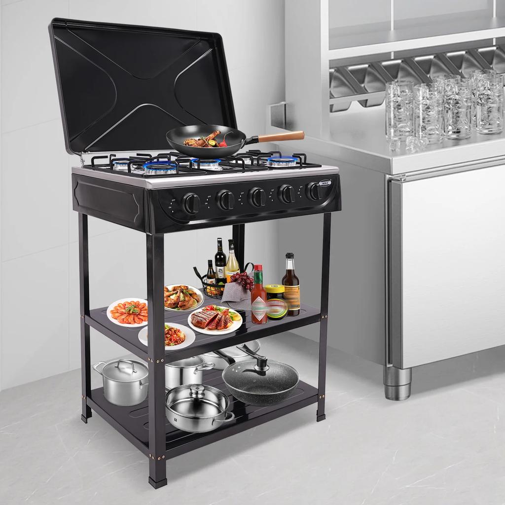 Bymaocar Black Gas Stove with 5 Burners, Portable Outdoor Barbecue Stove W/ 2-layer Storage Rack for Camping, Fishing, RV Travel
