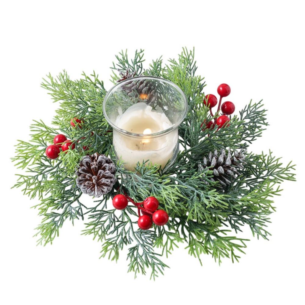 Christmas Wreath Artificial Berries Pinecone Pine Candlestick Wreaths Candle Holder Garland Home Xams Party Table Decoration