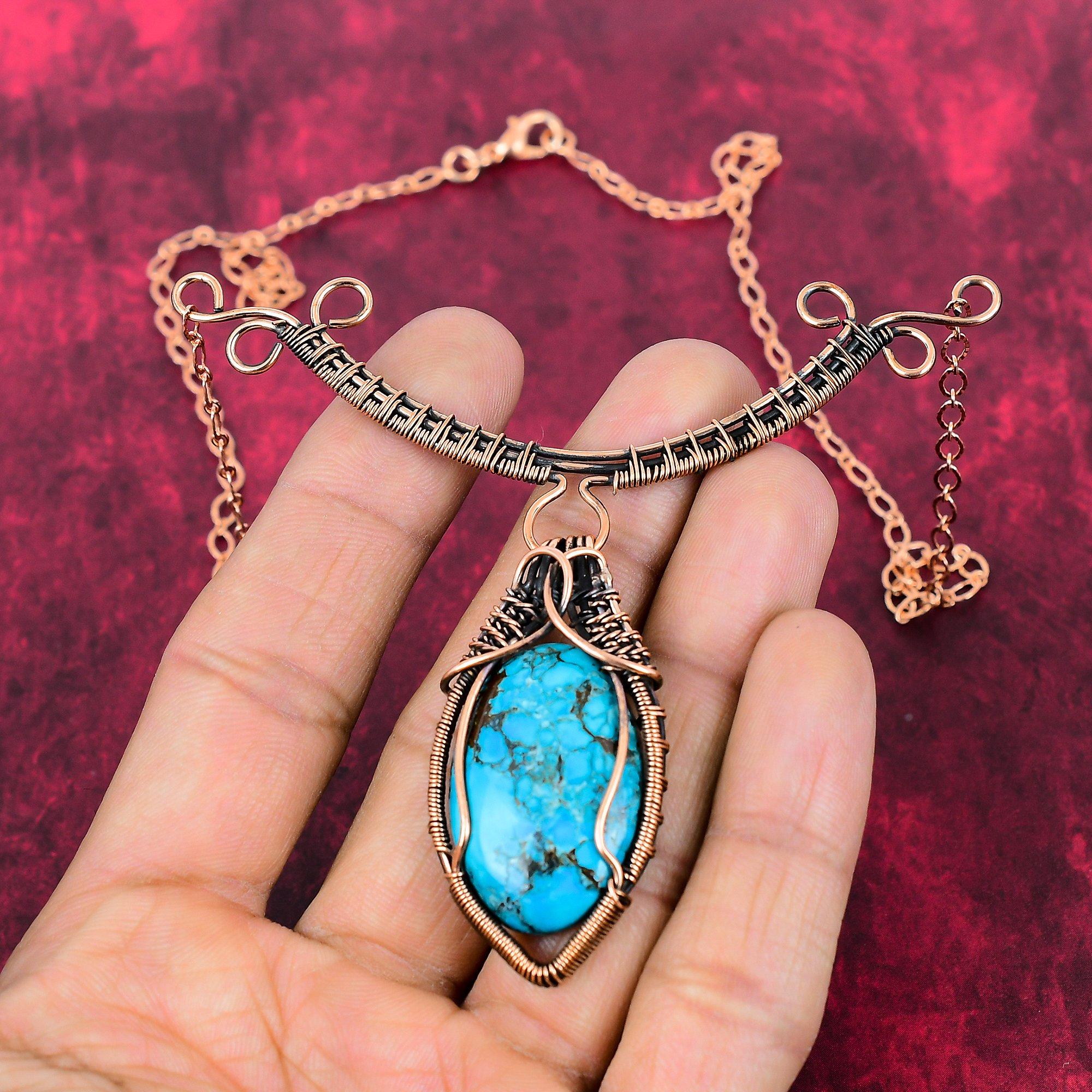 Tibetan Turquoise Necklace Copper Wire Wrapped Gemstone Necklace Adjustable Chain Necklace Handmade Copper Wire Wrap Jewelry Gift For Mother Adjustable