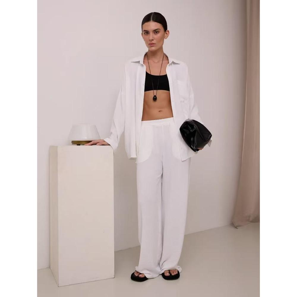 Women's Lapel Pocket Long Sleeve Button Down Shirt And Elastic Waist Wide Leg Pants Two Piece Casual Tracksuit