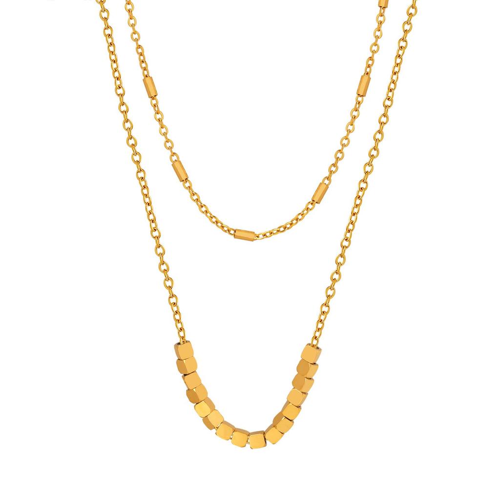 Titanium Steel Double Layer Square Bead Necklace - Non-Fading, Versatile Light Luxury Women's Sweater and Clavicle Chain.