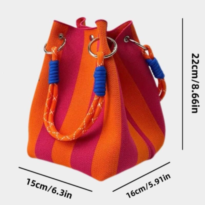 Women's Korean Style Striped Woven Bucket Bag Fashion Fortune Handbag Knitted Tote Shoulder Bag for Vacation Beach Outings
