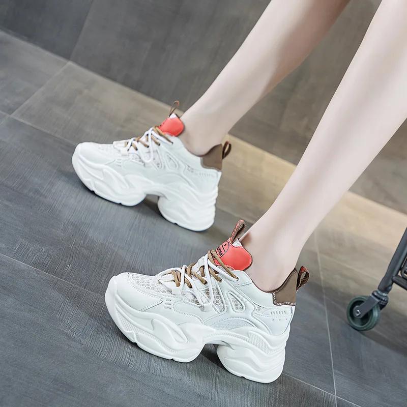 Fashion 8cm 2024 Ankle Boots Cow Genuine Leather Chunky Sneakers Spring Autumn Casual Women Platform Wedge Vulcanized Ladies Shoes
