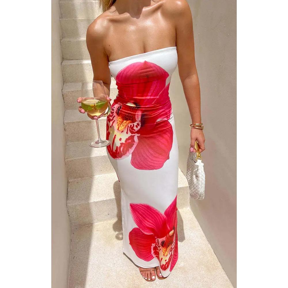 

Облегающее платье с тонким цветочным принтом, открытыми плечами, без рукавов, с открытой спиной, элегантное платье, женское платье-бодикон, длинное платье-бандо для вечеринки, клуба S