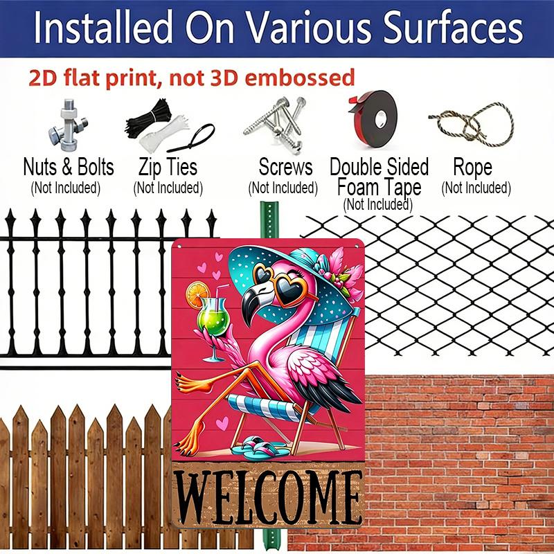 2D Country Modern English Aluminium Plaque Metal Sign, 8X12 Inch, "Welcome" Tropical Flamingo Beach Theme, Wall Decor, Summer Art for Home, Porch