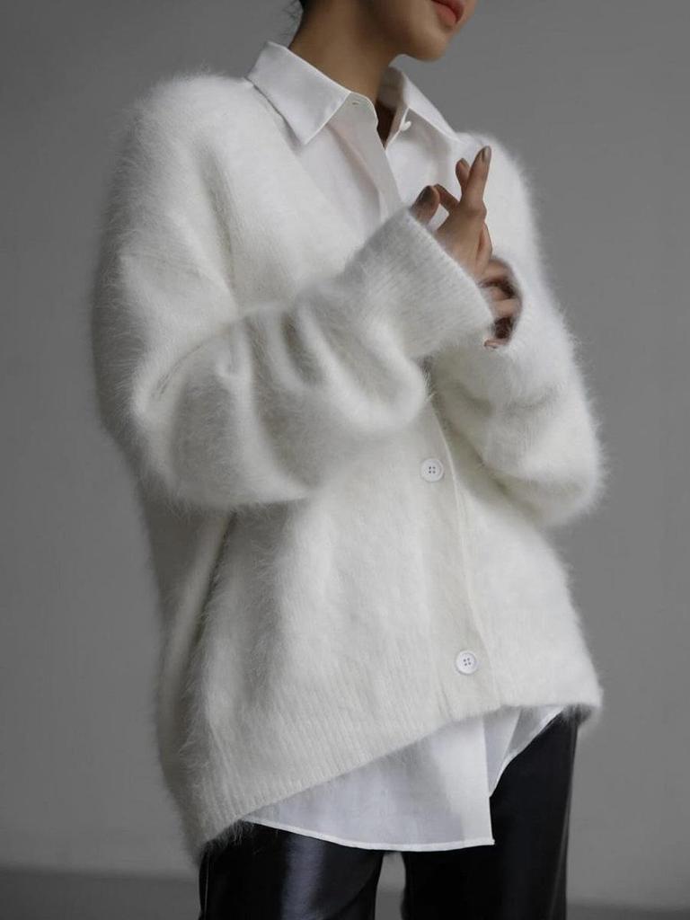 Women's Pink Fuzzy Cardigan, Front Button, Soft Pile, Loose Fit