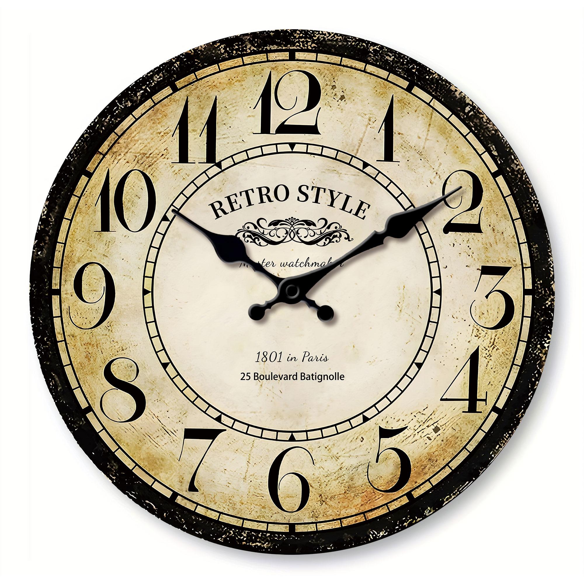 1pc retro wooden wall clock, wall clock designed by Paris watchmaker, non-ticking round silent clock, suitable for living room b 10 inch