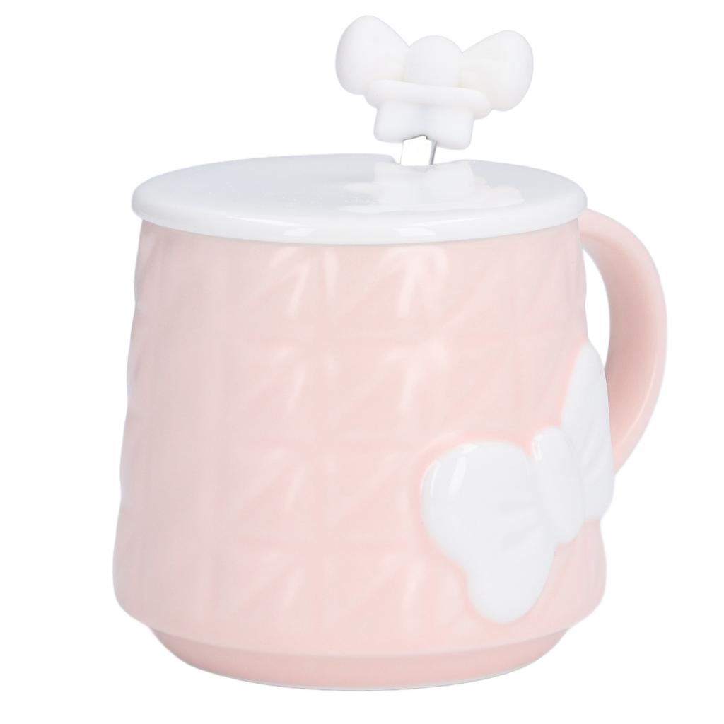 400ml Cute Bowknot Ceramic Tea Milk Water Cup Coffee Mug with Lid Stainless Steel Spoon for Home Holiday Gifts