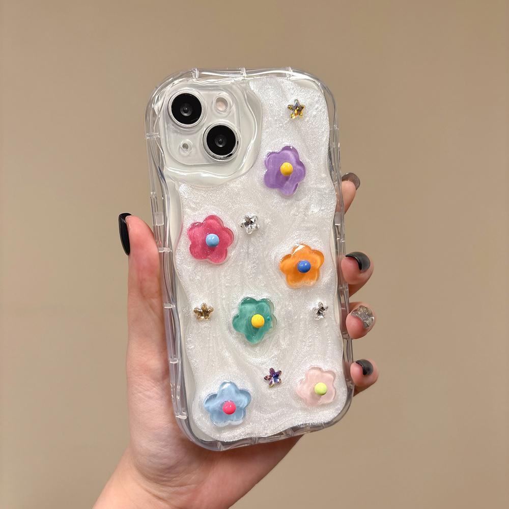 

Cartoon Colorful Flower Wave Phone Case for iPhone 16 15 14 Pro Max Plus 11 12 13 Epoxy Curly Border Shockproof Ins Korean Cover iPhone 11 Pro Max