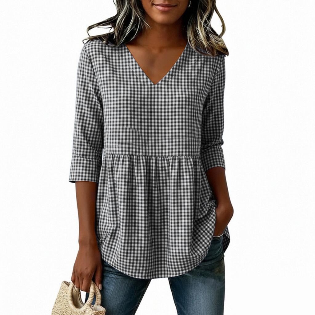 Women Loose Fit Casual Cotton Linen V Neck Plaid Three Quarter Sleeve Top Blouse Tunic Shirt for Everyday Wear
