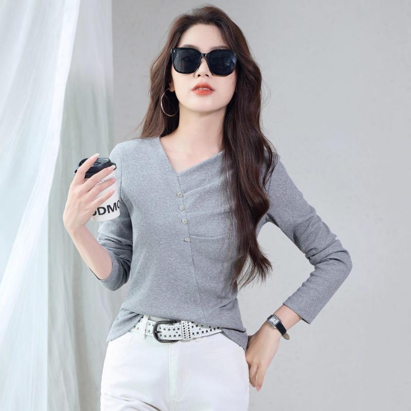 Spring Autumn V-neck Solid Color T-shirt Women Long Sleeve Chic Buttons Pullover Top Female Slim Bottomed Tee