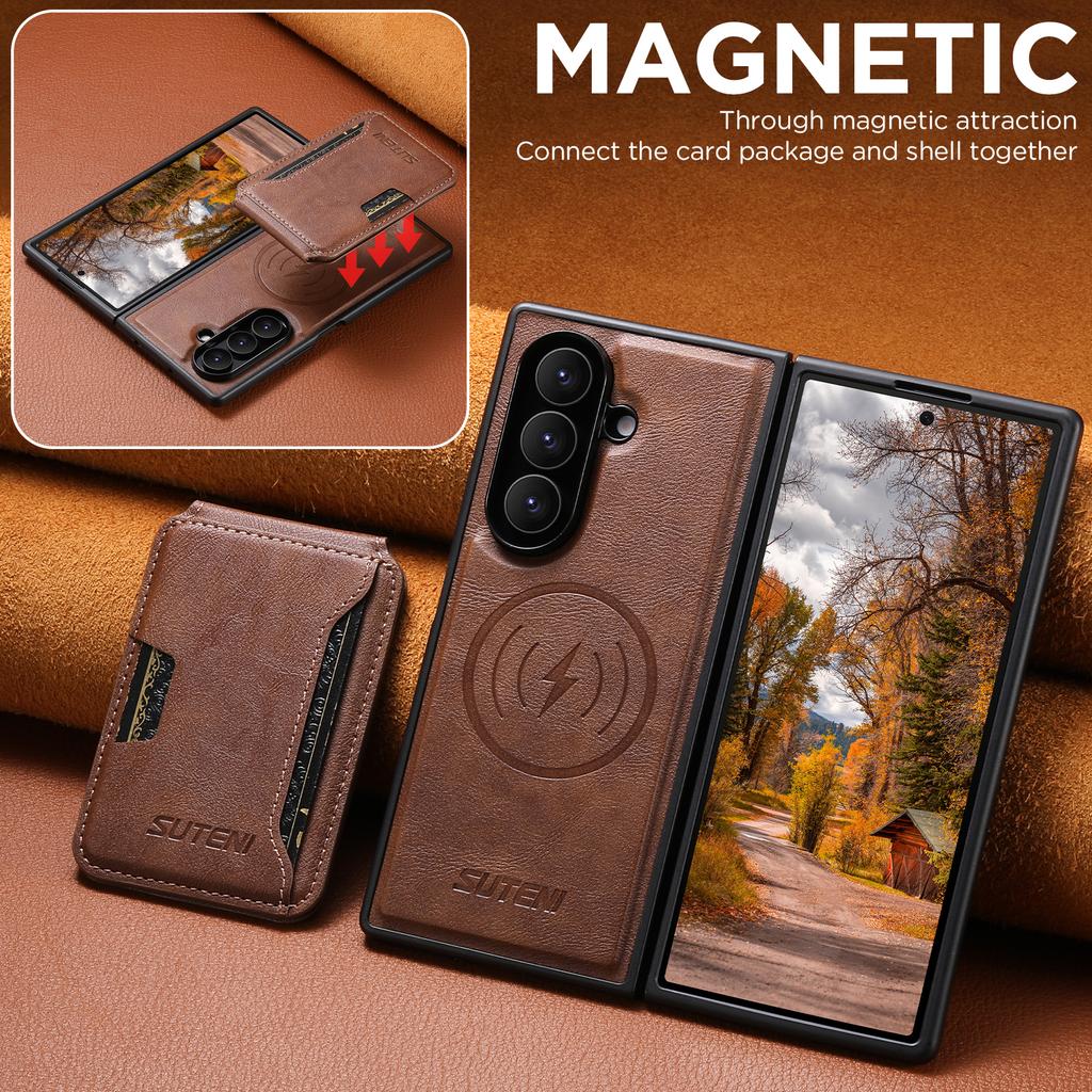 SUTENI Magnet Wireless Charging Luxury Faux Leather Phone Case Card Holder Stand for Samsung Galaxy Z Fold 7 6