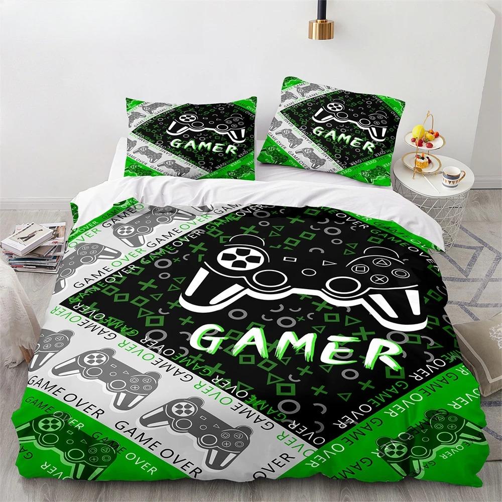 Game King Queen Duvet Cover 3D Black Game Handle Bedding Set for Kids Teens Boys Man Gamer Bedroom Decor Quilt Cover Pillowcase