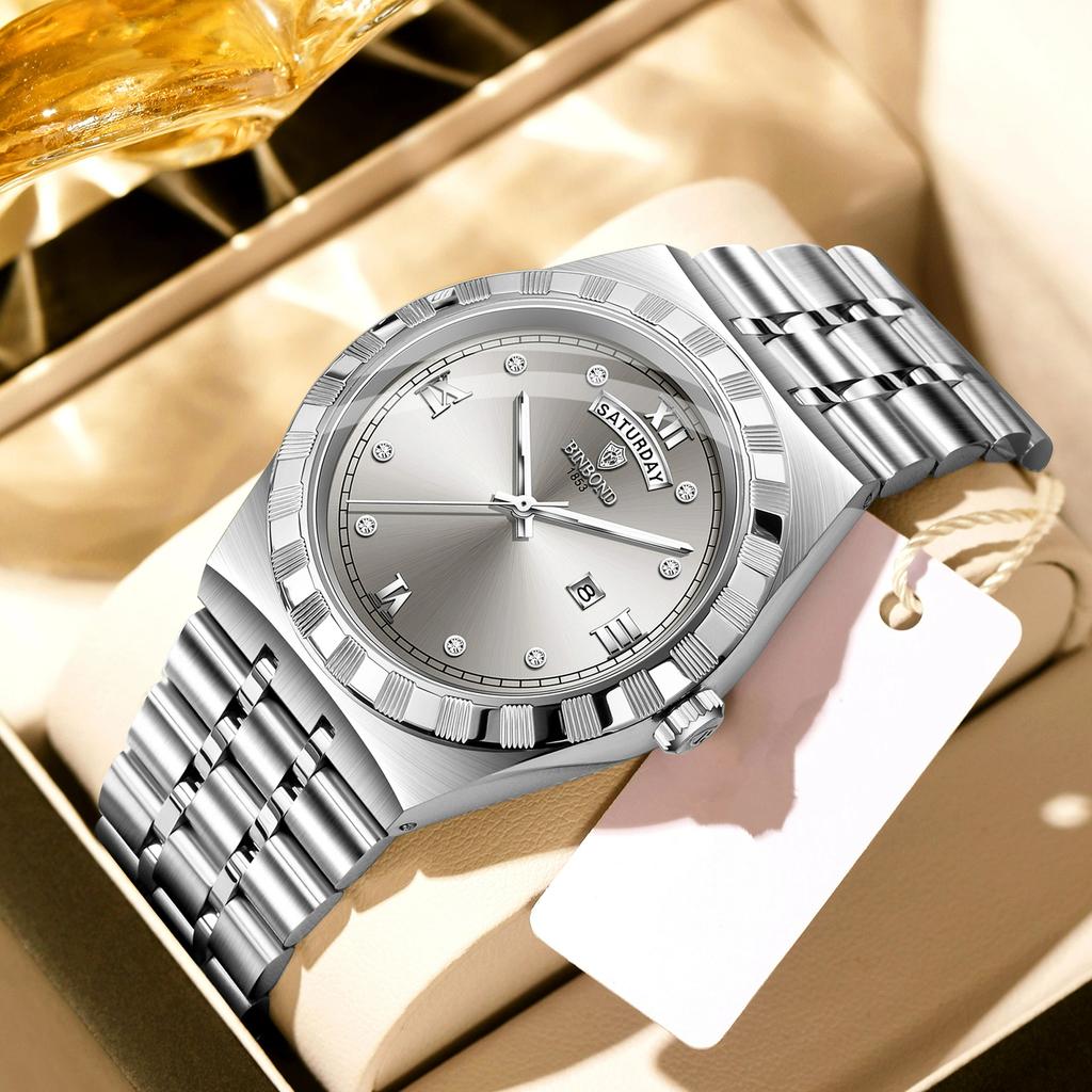 BINBOND Men's Watches Simple Fashion Original Quartz Watch for Man Texture Dial Stainless Steel Date Week Trend Dress Wristwatch
