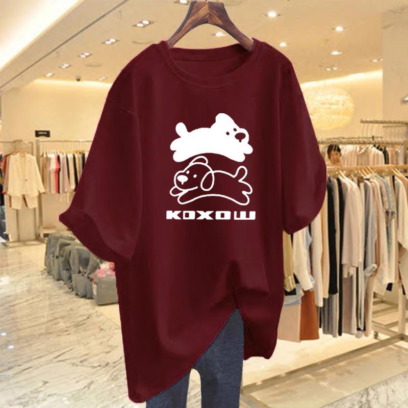 Women's Summer White Cartoon Print Cotton T-Shirt, Loose Fit, Mid-Length, Short Sleeve