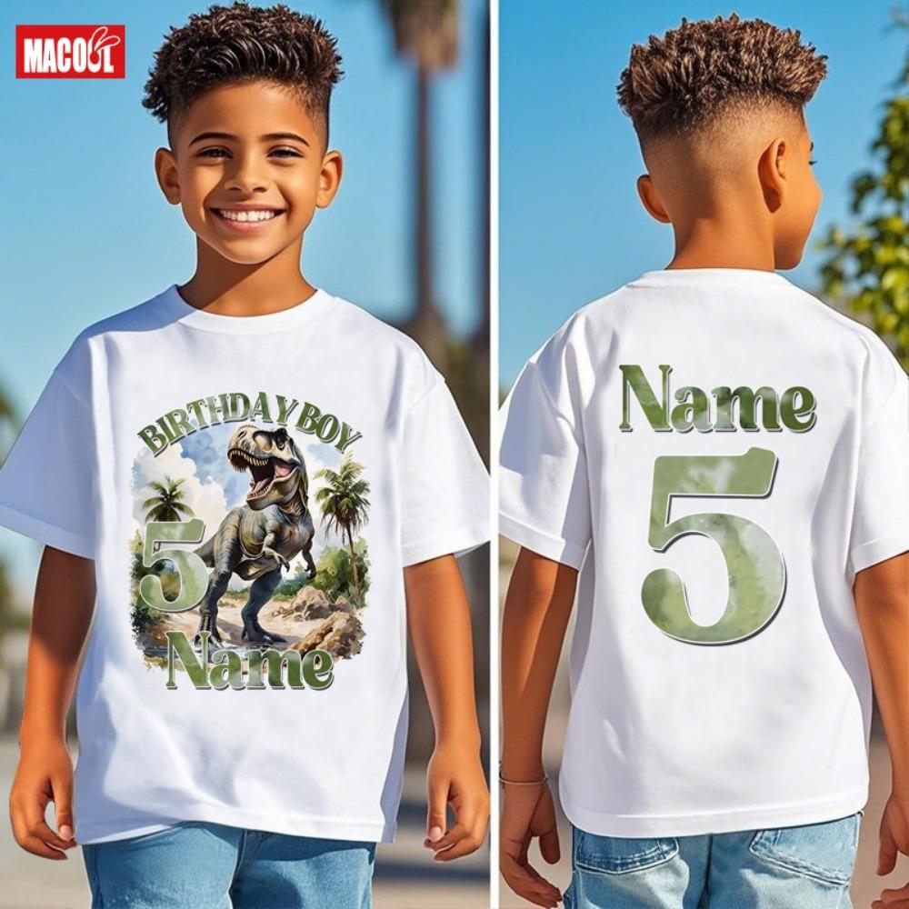 

Personalized Dinosaur Birthday Boy T-Shirt Custom Name T-Rex Kids Tee Boys Short Sleeve Party Outfit Boy Children Clothes 110