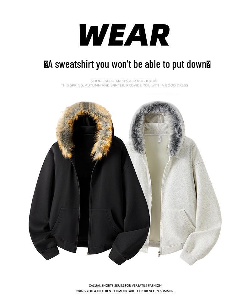 Retro bluza z kapturem o luźnym kroju z futrzanym kołnierzem - Polarowa odzież wierzchnia unisex na jesień i zimę