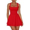 European & American Square Neck Mini Dress with Pleated Hem and High Waist - Women's Fashion 2026