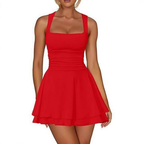 European & American Square Neck Mini Dress with Pleated Hem and High Waist - Women's Fashion 2026